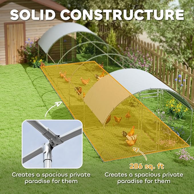 PawHut Large Chicken Coop Metal Chicken Run w/Waterproof and Anti-UV Cover, 2 Lockable Doors, Dome Shaped Walk in Hen House for 30-40 Hens, Ducks, Poultry, Outdoor Yard Farm Use, 9.2' x 31.2' x 6.5'