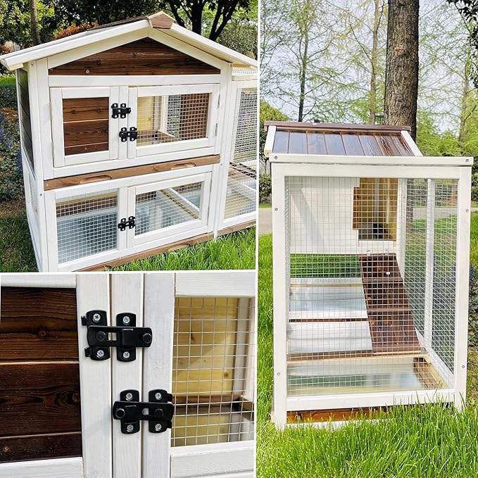 Rabbit Hutch Indoor Bunny Cage Outdoor Rabbit Cage 2 Tier Wooden Guinea Pig Cage with Runway and 3 Pull Out Trays, 4 Opening and Closing Doors