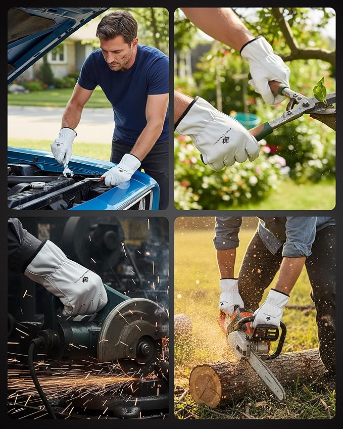12 Pair Heavy Duty Leather Work Gloves for Men & Women – Cowhide Construction & Yard Leather Gloves – Puncture Resistant Safety Gloves for Landscaping & Outdoor Use (L)
