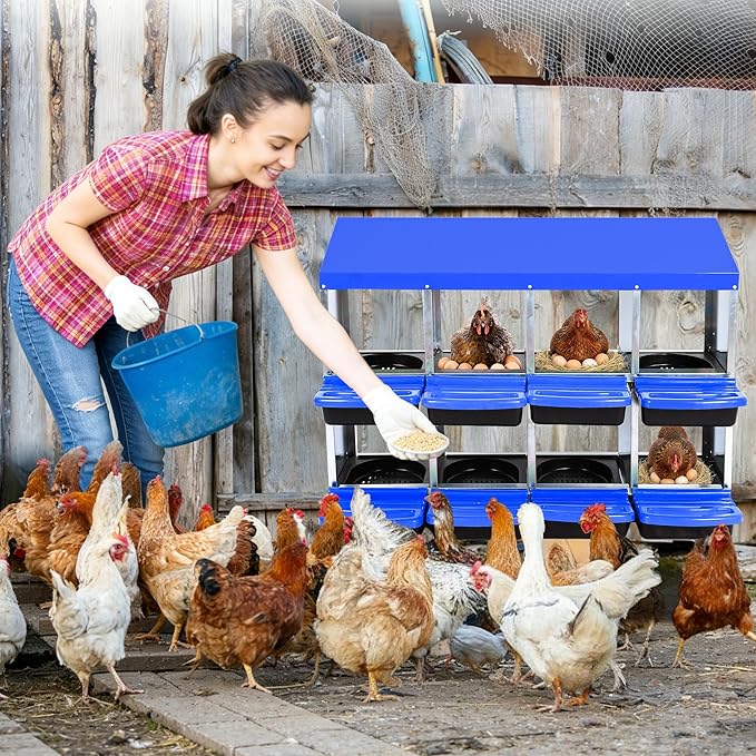 Chicken Nesting Box 8-Hole Roll Away Egg Laying Box with Lid, Galvanized Steel Rustproof Poultry Coop Box, Easy Clean, Wall Mountable No Bracket Needed for Hens, Blue