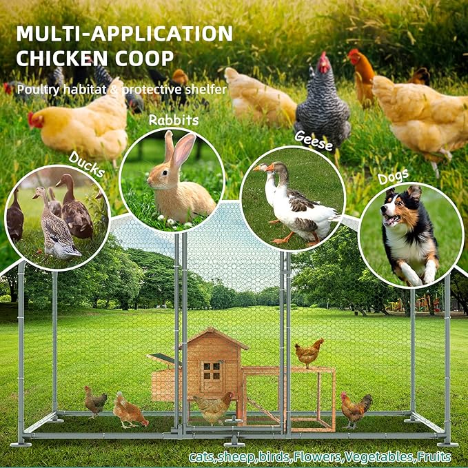 VIVIJASON Large Metal Chicken Coop Outdoor Walk-in Poultry Cage Hen Run House Rabbits Habitat Cages Spire Shaped Coop with Waterproof and Anti-UV Cover for Yard Farm (6.56' L x 9.84' W x 6.56' H)