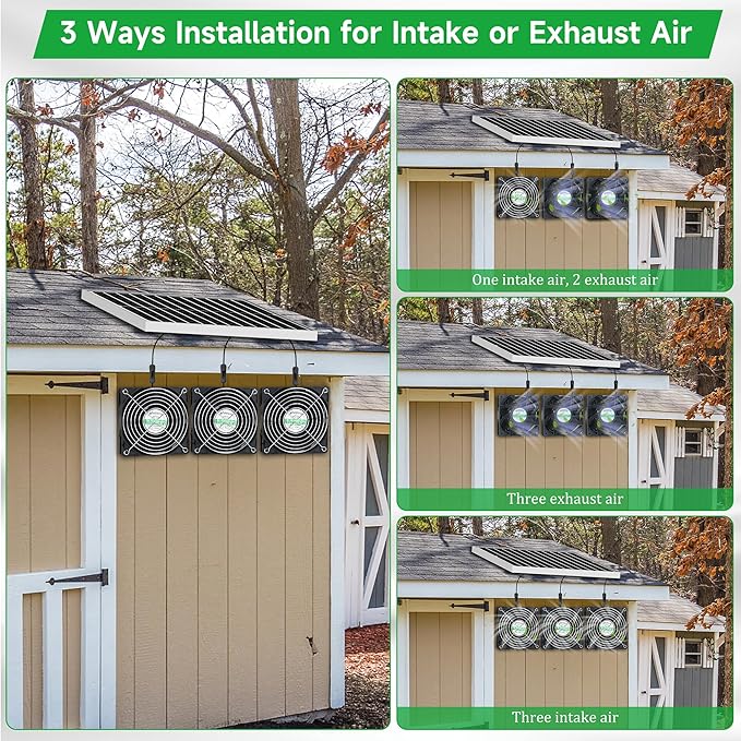Solar 3 Fan Kit for Intake or Exhaust air, Weatherproofed Solar Powered Fans for Outside Chicken Coops, Greenhouses, Shed, Pet House Air Ventilation