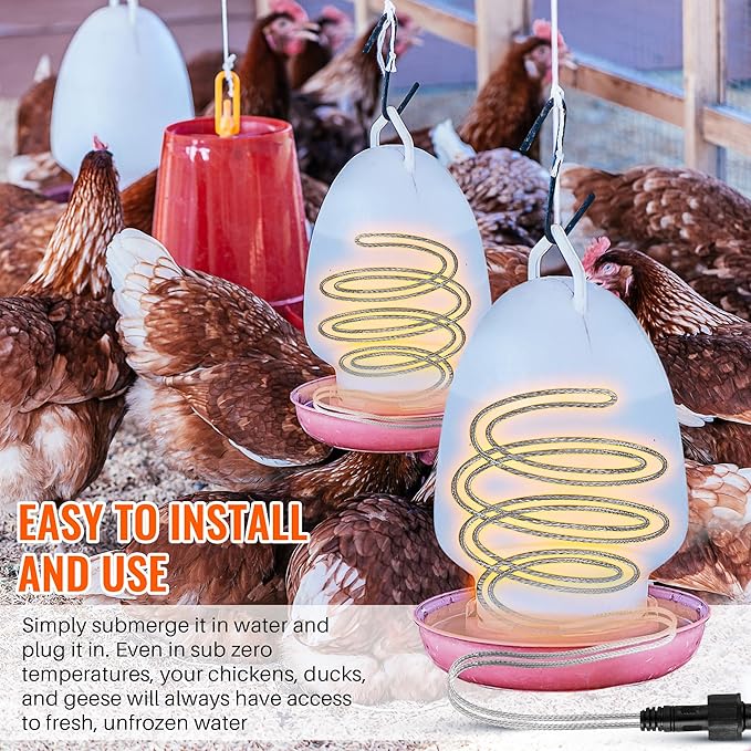 Chicken Water Heater, 60W 13FT Heated Poultry Waterer Cord for Winter, Freeze Proof Heated Waterer for Chicken Duck Geese, Stainless Steel Bird Bath Water Heater for Outdoor Buckets & Troughs