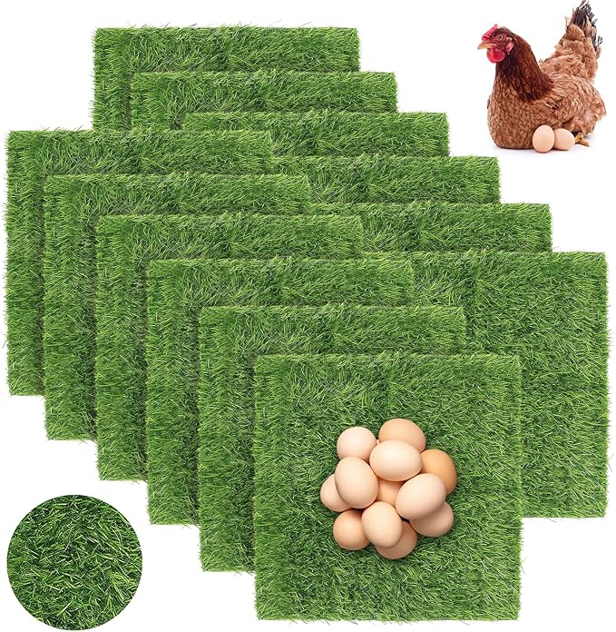 12 Pack Chicken Nesting Box Pads - 12"x12"x1" Washable Artificial Grass Liners for Chicken Coop, Laying Hens, Pet Garden (Indoor/Outdoor Use) (12)