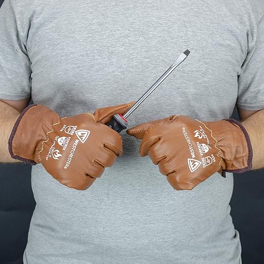 West Chester KS993KOA Goat Work Gloves – Brown, Large, 10.5 in., Arc Flash Leather Driver Gloves with Cut Resistant Lining, Oil Armor Finish