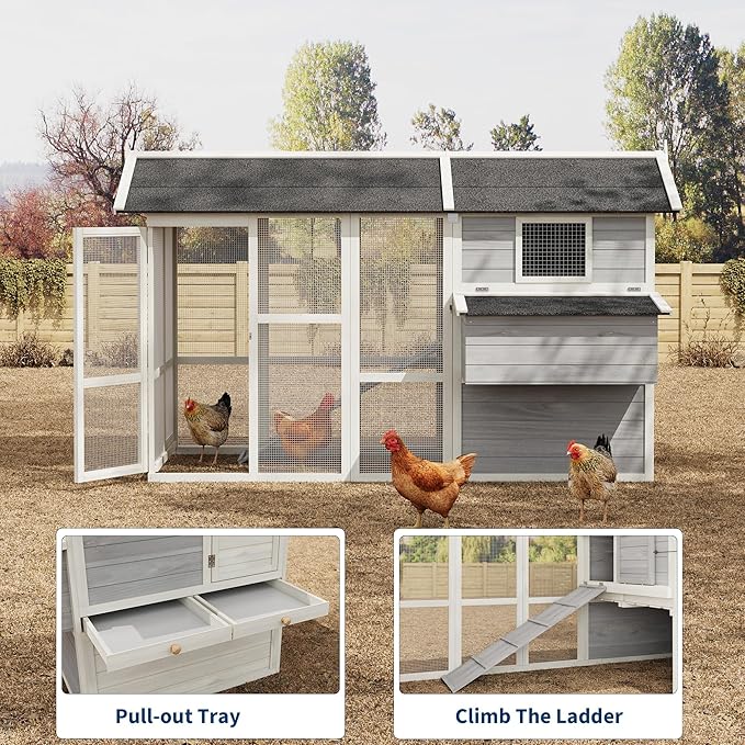 GarveeHome Chicken Coop Large Hen House for 4-6 Chickens Wooden Poultry Cage with Run, Ramp, Nesting Box, Wire Fence, Waterproof Asphalt Roof (80" x 35" x 54") Grey
