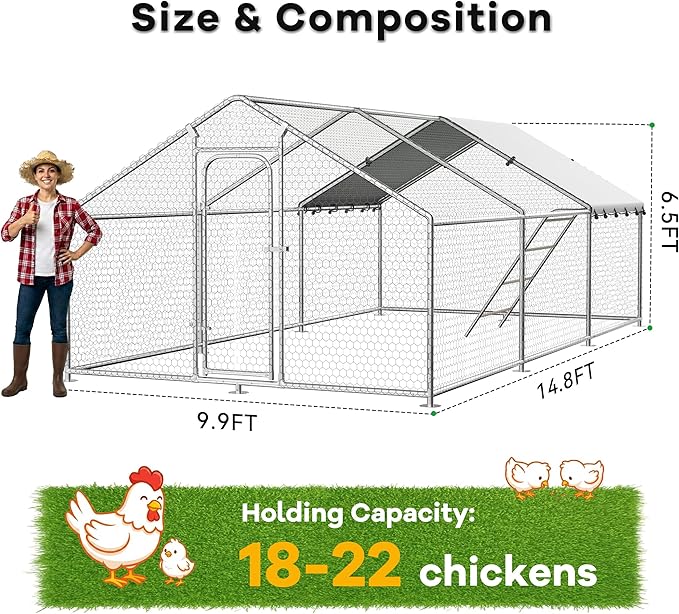 Large Metal Chicken Coop with Waterproof and UV-Resistant Cover,Chicken Run Outdoor Walk-in Cage Rabbit Duck Hen House for Yard Farm Use Spire Roof(10' L x 14.8' W x 6.4' H)