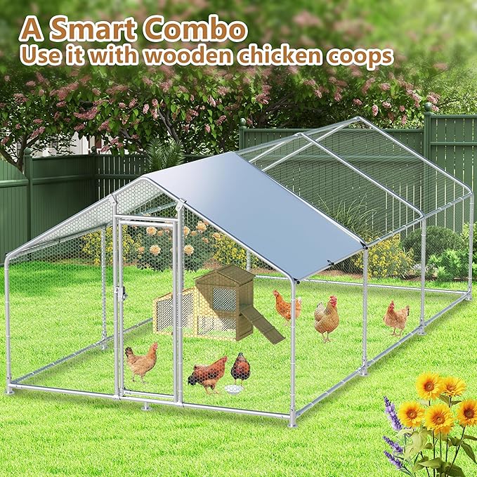 Large Metal Chicken Coop 19.2x9.84x6.6ft Chicken Runs for Yard with Cover, Walk-in Chicken Coops for 20 Chickens, Heavy Duty Chicken Run Lockable Chicken Pen Outdoor Poultry Cage