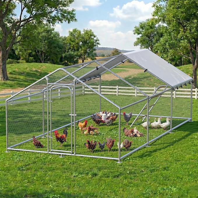 Large Metal Chicken Coop with Roosting Perch, Waterproof and UV-Resistant Cover,Outdoor Walk-in Cage Hen House for Yard Farm Rabbit Duck Chicken Run with Spire Roof (10'W x 19.7'L x 6.4'H)