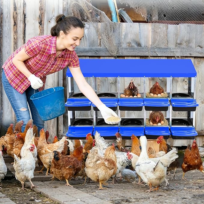 Chicken Nesting Box 10-Hole Roll Away Egg Laying Box with Lid, Galvanized Steel Rustproof Poultry Coop Box, Easy Clean, Wall Mountable No Bracket Needed for Hens, Blue