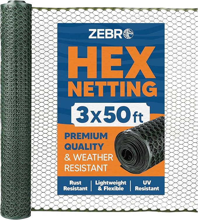 Plastic Hex Chicken Wire Mesh Garden Fence Roll (3' x 50' - Green) - Versatile Poultry Netting and Garden Fence for Temporary or Semi-Permanent Enclosures, Deer Fencing, and Construction Barriers