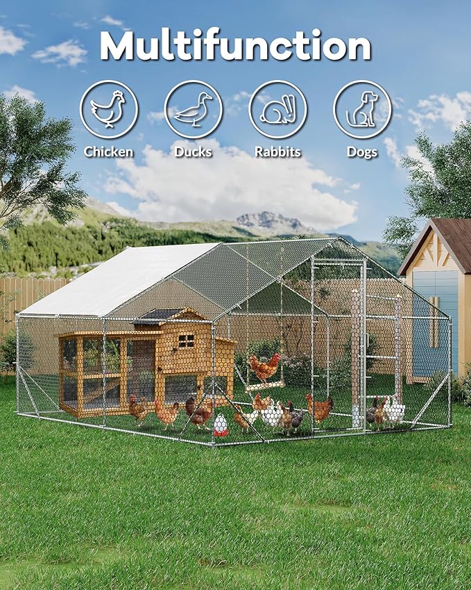 Large Metal Chicken Coop with Run, Walk in Chicken Coop with Waterproof & Anti-UV Cover, Spire Roof Poultry Cage for Yard Hen Duck Rabbit, 6.56 x 9.84 x 6.56 ft