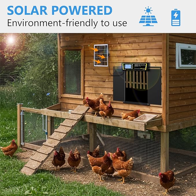 Automatic Chicken Coop Door with Timer & Light Sensor，5000mAh Battery & 3.7W Solar Panel，Anti-Pinch Auto coop Door, Weatherproof for Backyard Chicken Coop (Black)