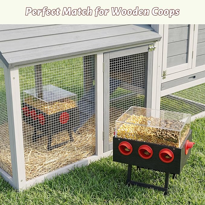 KOL No-Waste Chicken Feeder, 22LB Poultry Feeder with 6 Anti-Spill Ports, Clear-View HIPS & Acrylic Design, Foldable Stand for Hens and Chicks – Automatic Gravity-Flow Feeder