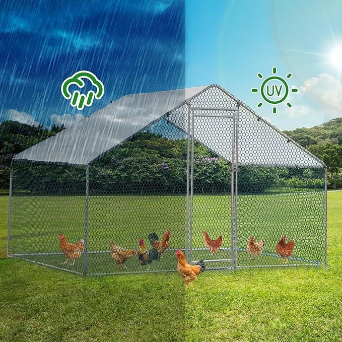 Outvita Chicken Coop, 6.5 x 10 FT Large Metal Chicken House, Poultry Habitat Cage with Waterproof Cover, Walk-in Chicken Run Pen for Small Animals, Yard, Farm, Patio