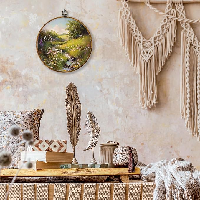 shiviody Rustic Wildflower Canvas Wall Art Decor, Countryside Floral Landscape Wall Decor, Wild Fields Floral Round Hanging Frame Prints Decorations for Farmhouse Living Room Bedroom 10"x10"
