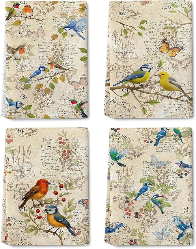 Vintage Birds Kitchen Towels, Retro Rustic Dish Towels for Kitchen Set of 4, Cute Birds Tea Towel Decor for Party Anniversary Holiday Decoration Housewarming Gifts