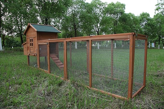 Outdoor Chicken Coop Wooden Hen House Poultry Pet Hutch Run Cage w/Waterproof Asphalt Roof, Ramp, Nesting Box, Wire Fence (120")