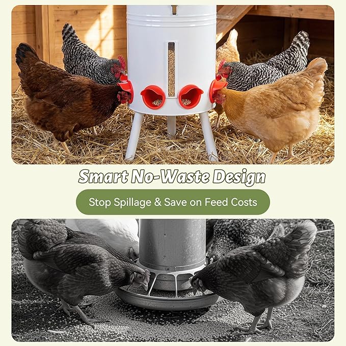 KOL 50 LB Chicken Feeder & 5 Gallon Chicken Waterer Set, All-Metal No-Waste Poultry Feeder & Automatic Gravity Waterer with 8 Ports & 8 Cups Chicken Coop Accessories