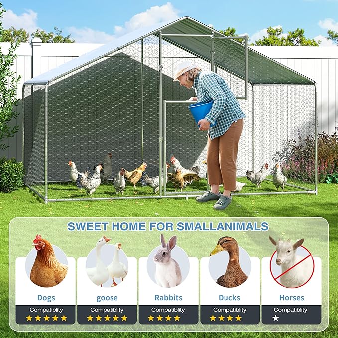 Polar Aurora Metal Chicken Coop, Large Outdoor Chicken Pen, Walk-in Chicken Run for 6-20 Chickens, Double Door Chicken House with Waterproof UV Protection Cover for Backyard (Spire-S)