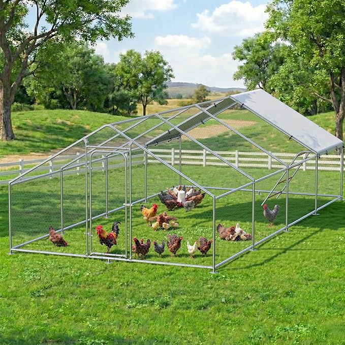 Large Metal Chicken Coop Run with Roosting Perch– Outdoor Waterproof & UV-Resistant Cover for Chickens, Ducks, Rabbits in Yard or Farm Use Spire Roof (13.1'Wx26.2'Lx 6.5'H)