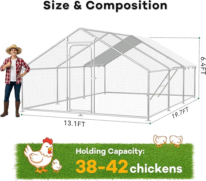 Large Metal Chicken Coop Run with Roosting Perch, Outdoor Waterproof & UV-Resistant Cover for Chickens, Ducks, Rabbits, and Hens in Yard or Farm Use Spire Roof (13.1'Wx19.7'Lx 6.5'H)