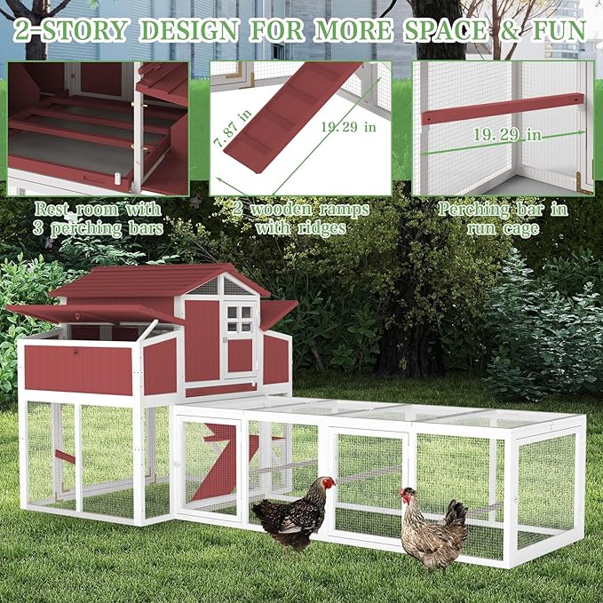 115.36" L 2-Story Chicken Coop with Extra Run Cage,Chicken House Hen House with 2 Large Nesting Boxes,Expandable Poultry Cage for 4-6 Chicken with 4 Perching Bars,Pull-Out Tray,Ramps(RED)