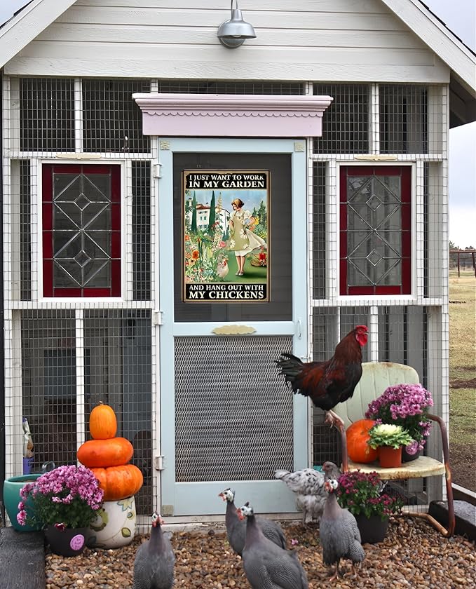 Rustic Garden Chicken Coop Sign, I Just Want to Work in My Garden and Hang Out with My Chickens, 8 x 12 Inches