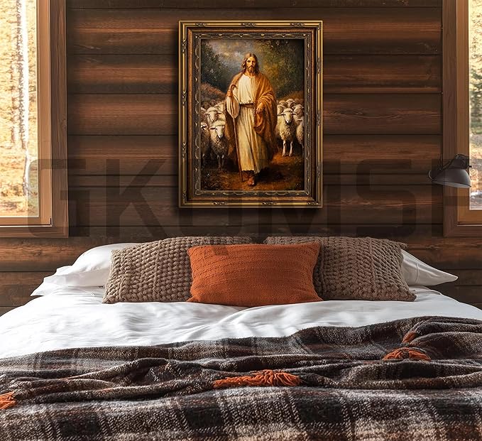 Vintage Gold Framed Wall Art Jesus and Lamb canvas wall decor Christian Jesus Sheep Oil Painting Prints Religious Shepherd Picture Poster Artwork for Home Living Room Bedroom Prayer Room 12x16in