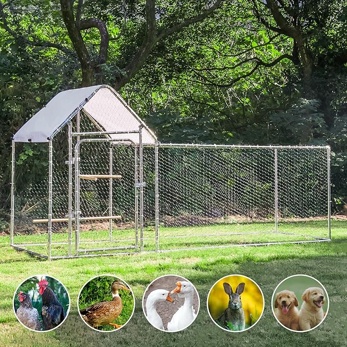 Large Metal Chicken Coop Run, Outdoor Walk-in Poultry Cage with Spire Roof, for Hen House, Duck Coop and Rabbit Run, Silver (9.8' L x 3.28' W x 4.92' H)