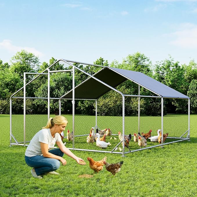 Aoxun Metal Chicken Coop, Outdoor Chicken Runs for Yard with Cover, Spire Roof Hen House Enclosure with Security Lock, Walk-in Cage Peak Hen House for Yard Farm (10x13x6.4 FT)