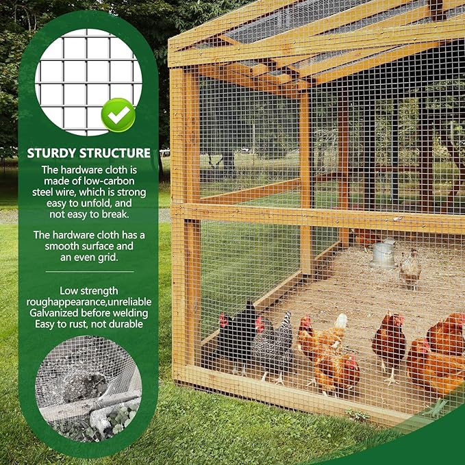 Hardware Cloth 1/2in 48inx100ft Hot Dip Galvanized 19 Gauge Chicken Wire Fencing Roll Poultry Animal Netting Cage Screen Chicken Coop Accessories Garden Plant Supports
