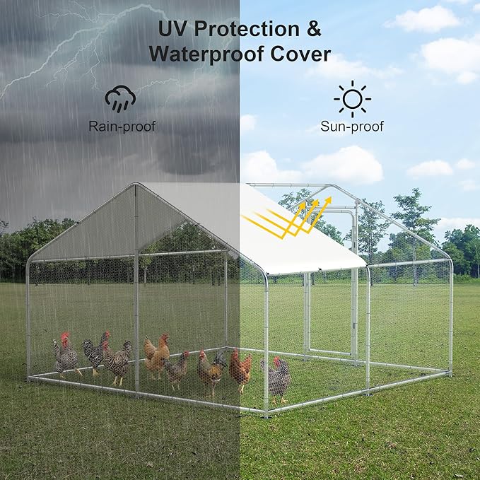Large Metal Chicken Coop, 10'x10'x6.6' Walk-in Poultry Cage Outdoor Chicken Run Pen w/Waterproof & Anti-UV Cover, Hen House w/Security Lockable Door for Farm Backyard Duck Rabbit Cage Spire Roof