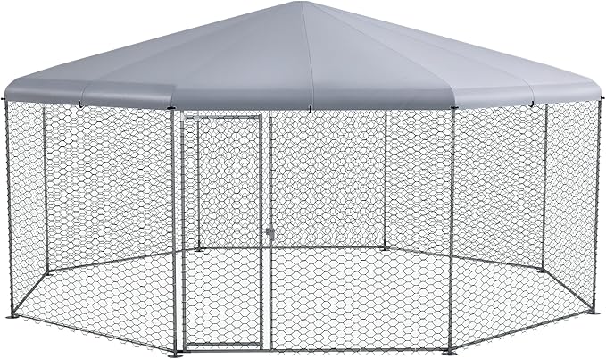 PawHut Large Chicken Coop Metal Chicken Run for Chickens with Waterproof and Anti-UV Cover, Polygon Shaped Walk in Fence Cage Hen House for Outdoor and Yard Farm Use, 1" Dia, 17.1' x 15.7' x 9'
