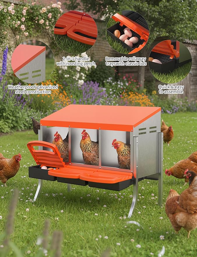 Chicken Nesting Boxes, 3 Hole Metal Rollaway Nest Box for Laying Hens with Cleanable Pull-Out Trays Wall Mount or Placed Design for Easy Egg Collection & Cleaning(Includes Legs)