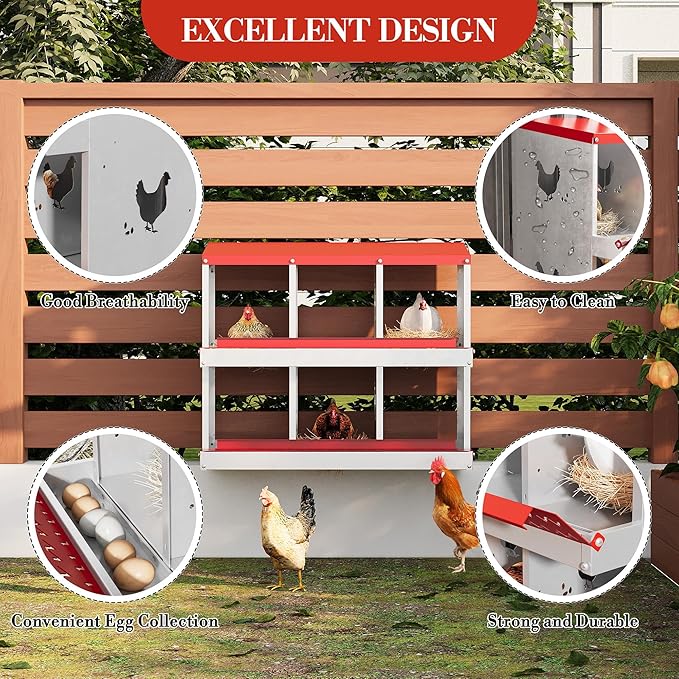 Chicken Nesting Boxes with Roll Away Egg Tray,6/8/10 Compartments, Steel Rustproof & Ventilated Laying Boxes for Hens, Chickens, Ducks, Easy-Clean Poultry Coop Accessories Stand/NO Stand
