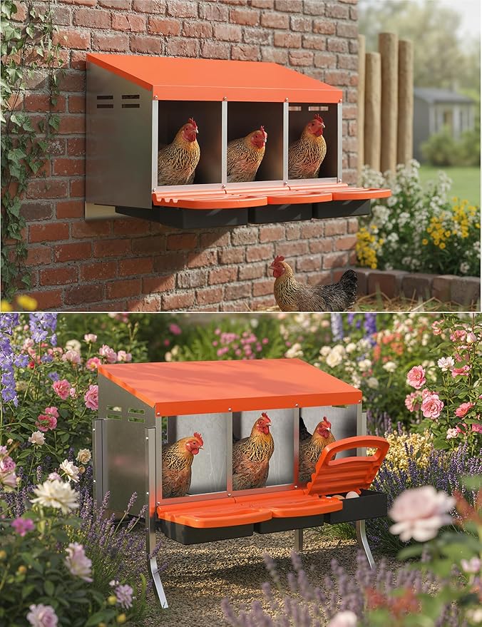 Metal Chicken Nesting Box with Easy-Collect Tray & Lid – 3/4/2x2 Compartment Heavy Duty Roll Away Nesting Boxes for Chickens, Wall Mount or Freestanding, Galvanized Steel Hen Laying Box for Coop