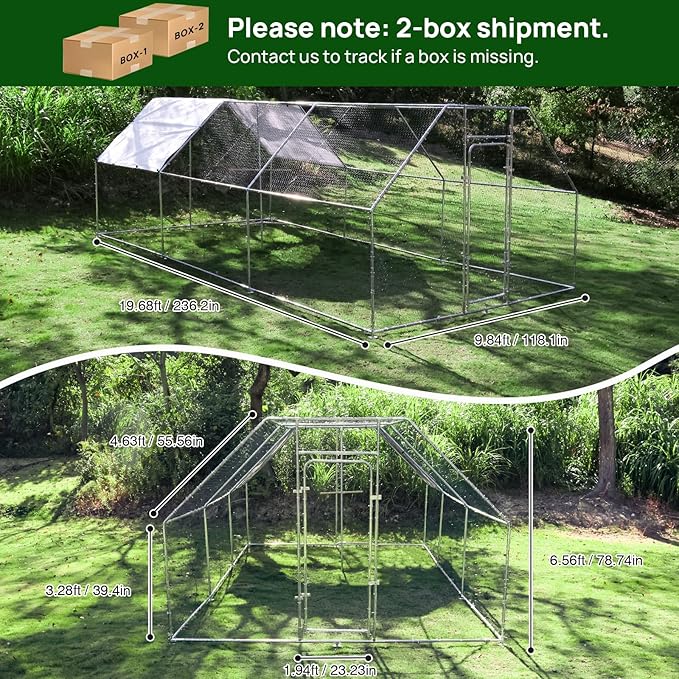 Chicken Coop Large Metal Chicken House/Pen with Climbing Frame for 15-20 Chickens, Outdoor Walk-in Poultry Cage Flat Shape for Ducks, Rabbits, Dogs Etc, 236" x 117.6" x 78.7" - 2 Box Set