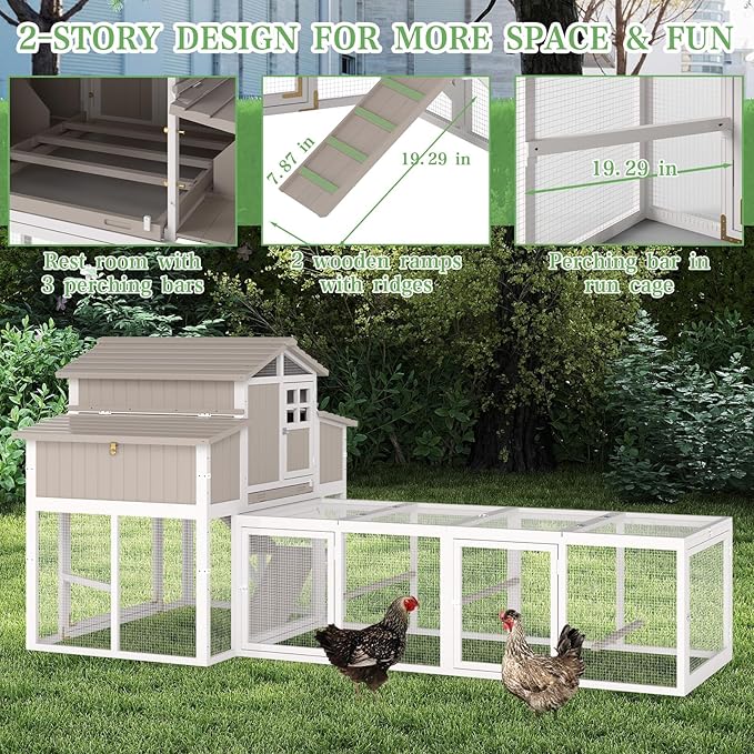 115.36"L 2-Story Chicken Coop with Extra Large Run Cage,Chicken House Hen House with 2 Large Nesting Boxes,Expandable Poultry Cage for 4-6 Hens with 6 Perching Bars,Pull-out Tray,Ramps(Grey)