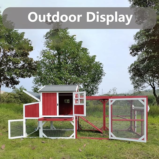 Chicken Coop Mobile Wooden Hen House with Nesting Box,95.3" L Outdoor Chicken House with Wheels and Removable Tray,Fir Wood Chicken Tractor with 6 Ventilation Door,Ramp(Red)
