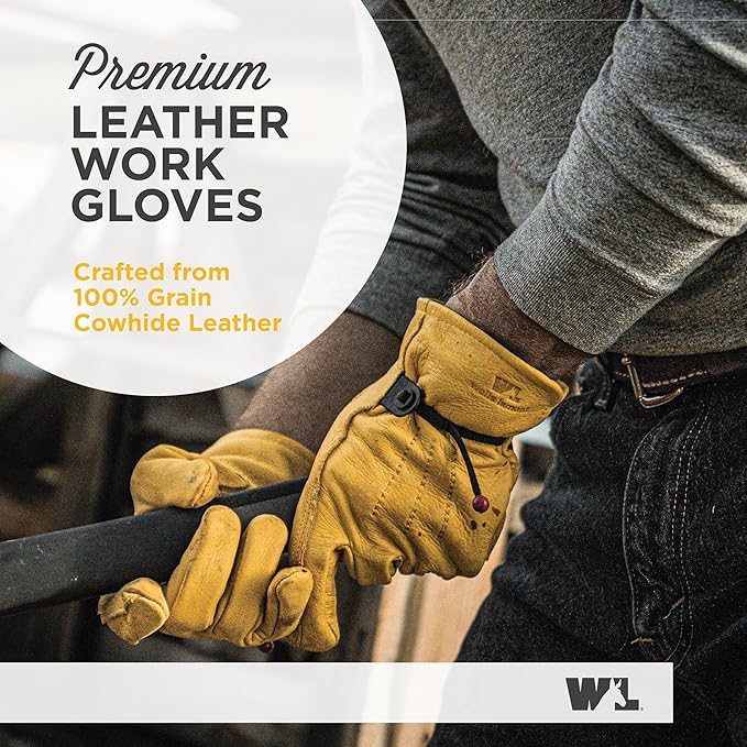 Wells Lamont Leather Work Gloves for Men – Heavy Duty, Cowhide, Abrasion & Puncture Resistant – Adjustable Wrist, Gunn Cut Design, Ideal for Ranching, Farming, Construction - Saddletan - XXL
