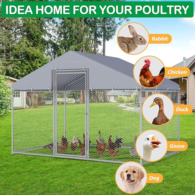 Large Metal Chicken Coop, Walk-in Chicken Run Pen with Waterproof Cover, Spire Roof Poultry Cage for Outdoor, Backyard, Farm (6.4'Wx9.7'Lx6.4'H)