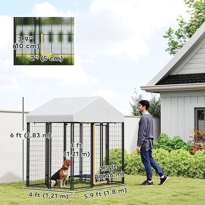 PawHut Outdoor Dog Kennel with Roof, 6' x 4' x 6' Heavy Duty Welded Wire Dog Playpen Enclosure with Escape-Proof Lock, UV-Resistant & Waterproof Cover, for Medium Dogs, Chickens, Ducks, Silver