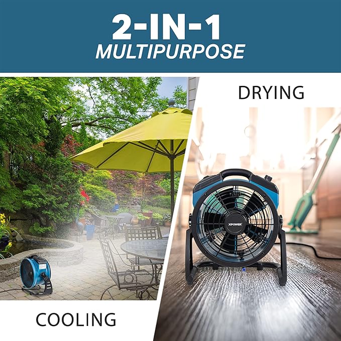 XPOWER Misting Fan FM-65B, Battery Operated, Rechargeable, Outdoor Cooling, Oscillating, High Velocity, Variable Speed, Camping, Patios, 14 In