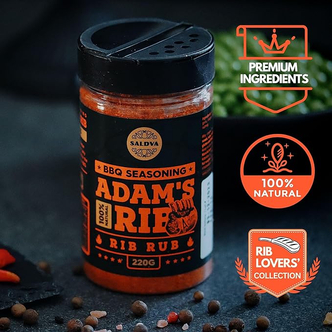 Adam's Ribs BBQ Rib Rub - 100% Natural and Unique Seasoning - Perfect Blend Of Spices For Juicy BBQ And Grill Ribs - Large Jar (220g)