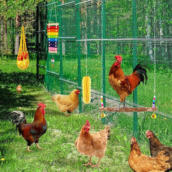 7 Pack Chicken Toys for Coop Accessories, Chicken Xylophone Toy, Chicken Mirror, Chicken Ladder Bridge, Coop Swing, Vegetable Hanging Chicken Feeder, Chewing Foraging Toys, Gifts for Hens