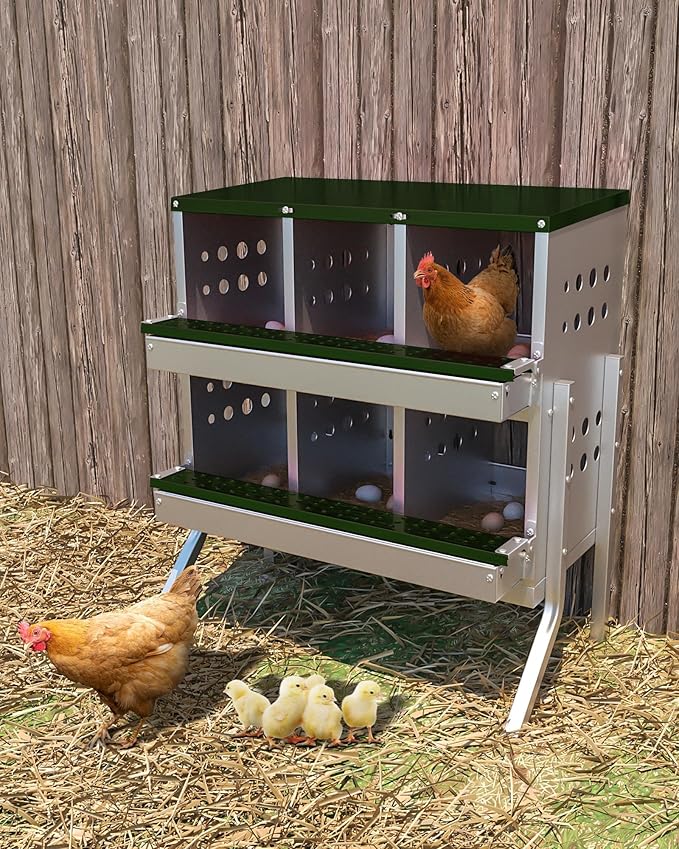6-Hole Galvanized Metal Chicken Nesting Box with Egg Collection Tray/Fake Training Eggs, Rustproof Poultry Laying Box with Perch Rod,for Chicken Coops and Hens