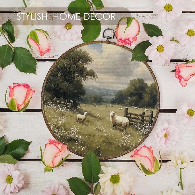 Fewgb Vintage Sheep Round Wall Art Decor Framed for Farmhouse, Rustic Country Canvas Wall Art Prints Picture, Farmhouse Landscape Hanging Room Decor Artwork for Gallery Kitchen Bedroom 10x10
