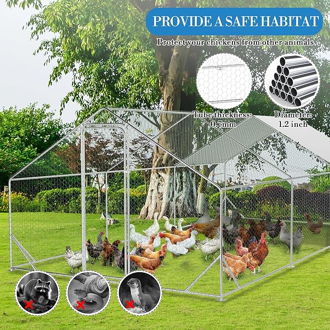 Large Metal Chicken Coop, Walk-In Poultry Cage, Chicken Run Pen House With Reinforcement & Waterproof & Anti-Ultraviolet Cover Chicken Coop Run With Double Lockable Doors for Outdoor 9.8 x 19.7X 6.6ft