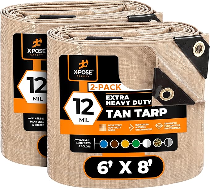 Heavy Duty Tan Poly Tarp 6' X 8' (2-Pack) - Multipurpose Protective Cover - Durable, Waterproof, Weather Proof, Rip and Tear Resistant - Extra Thick 12 Mil Polyethylene - by Xpose Safety